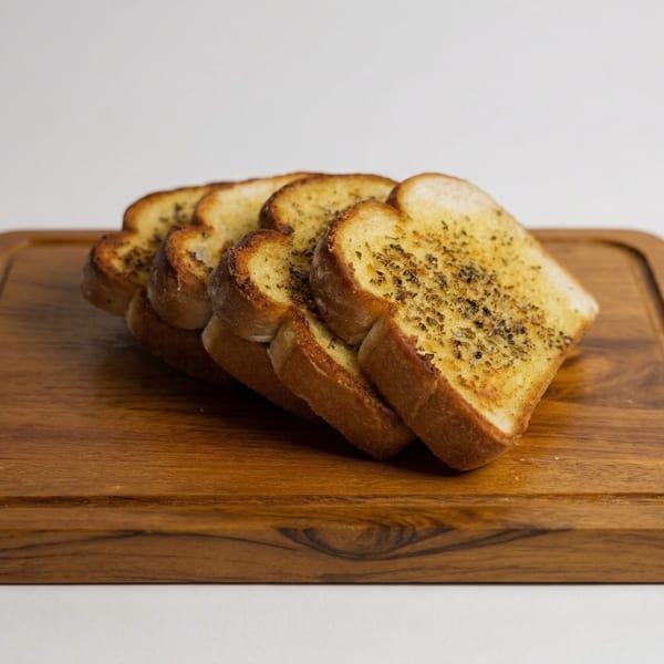 Four slices of golden-brown garlic bread with herbs, stacked on a wooden cutting board.